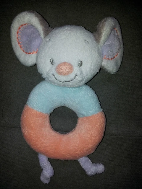doudou NATTOU souris hochet blanc bleu rose violet grelot rond