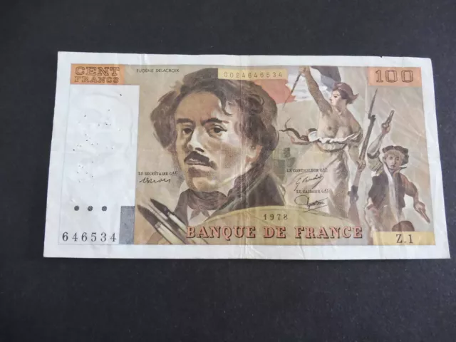 Ancien Billet 100 Frs Delacroix 1978  Z.1 - 1Er Alphabet- Etat Courant A Voir !!