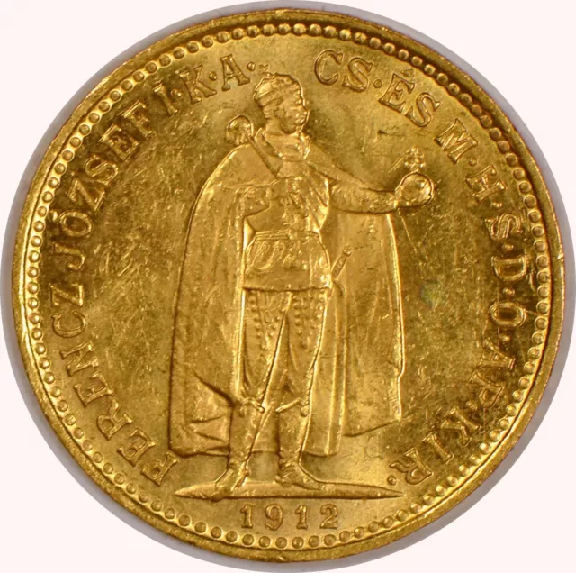 1912 Hungary 10 Korona Gold Coin for Franz Joseph I, Uncirculated