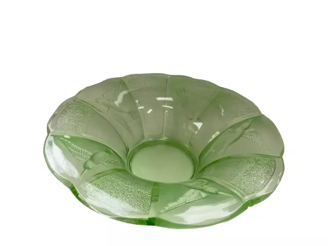 Art Deco 1930's Green clear glass bowl with Kingfisher bird design- perfect
