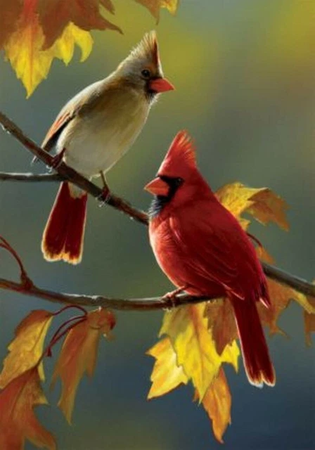 Fall Cardinals, Leaves Garden Flag 12"x18", Custom Decor, 2 Sided