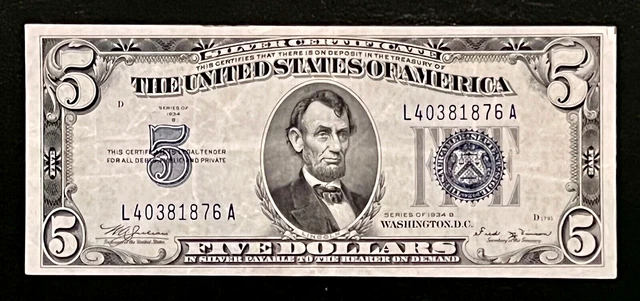 1934-B $5.00 Us Silver Certificate, Blue Seal, Vf Crisp L40381876A