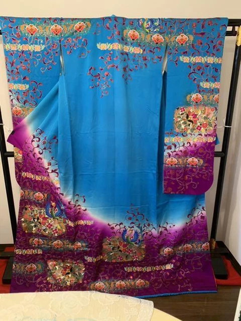 Used Pure Silk Furisode Uchikake Women Kimono Height 180cn Blue Purple Color