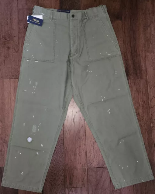 NWT Polo Ralph Lauren Men’s Olive Chino Utility Distressed Paint Splatter Pants