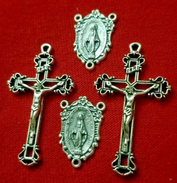 5 ROSARY CENTER & 5 CRUCIFIX  CROSS SILVER PLATED  Rosaries Parts .cross 2 "