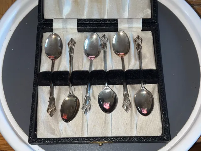 Set di 6 cucchiaini da caffè vintage HM inglese argento massiccio Miller Bros 1950 in scatola
