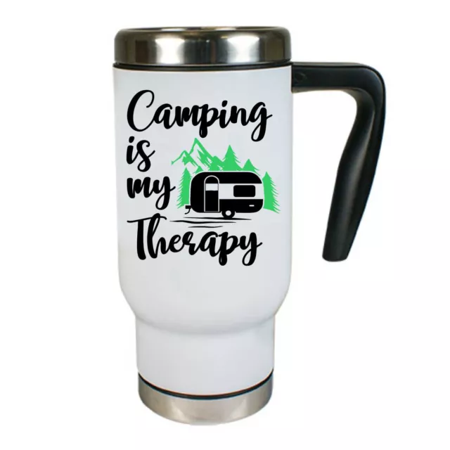 Thermobecher Tasse mit Spruch Camping ist meine Therapie Geschenk-Idee Wohnwagen