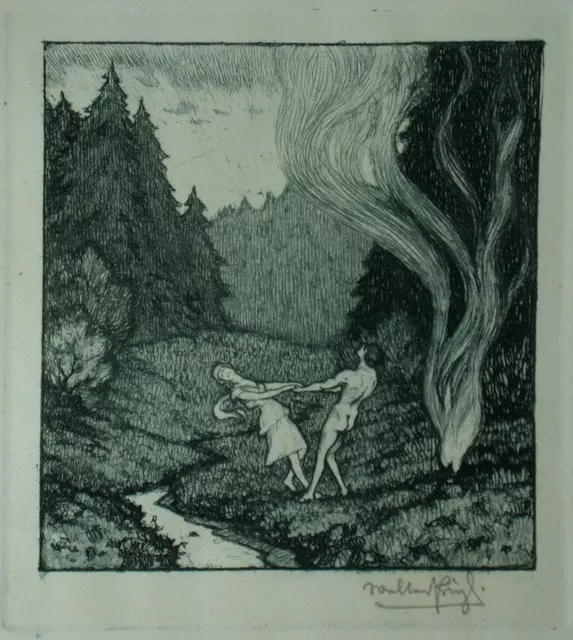 Walter Prinzl (Wien 1891-1937 ebd.) Landschaft mit Tanzpaar am Feuer.