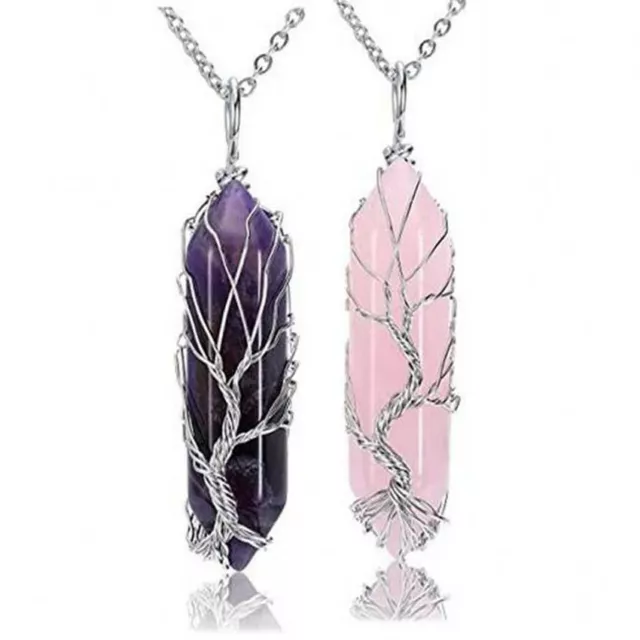 Natural Healing Crystal Quartz Necklace Tree of Life Wire Wrapped Stone Pendant