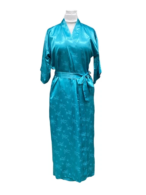 Liberty House of Hawaii Womens Long Satin Robe M? Turquoise Blue Floral Embossed