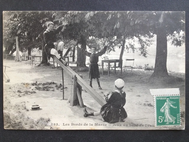 cpa Cachet CRETEIL 1915 Les Bords de la Marne JEUX au BORD de l'EAU BALANÇOIRE