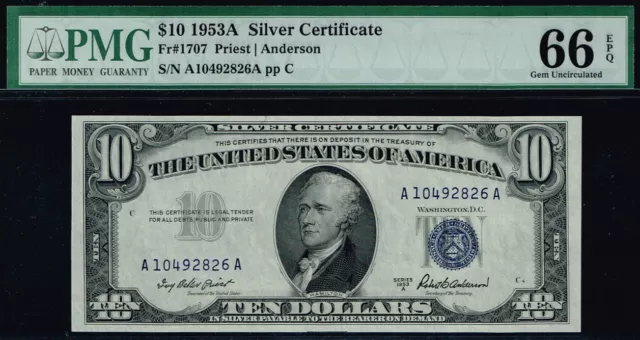 $10 1953A  Silver Certificate. Fr. 1702. Fr. 1707. PMG 66 EPQ. Quality Note.