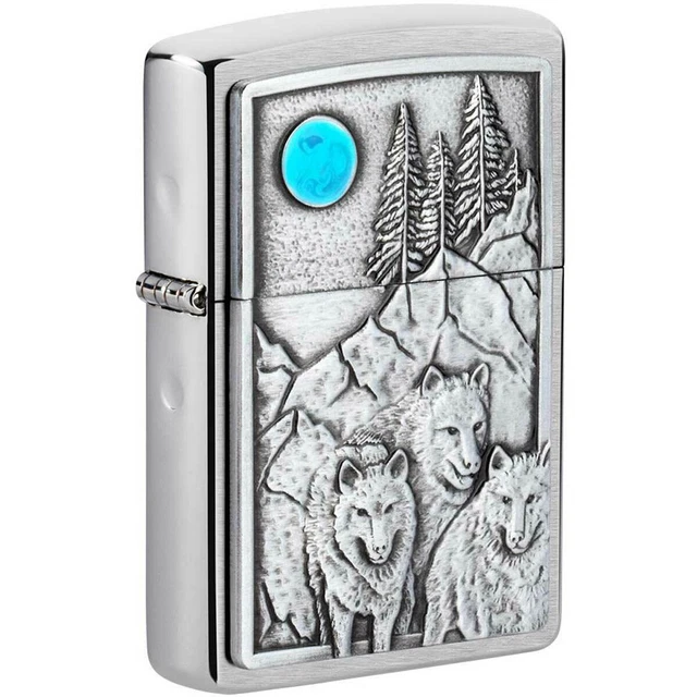 Zippo Windproof Lighter Wolf Pack and Moon Emblem Design Brushed Chrome 49295