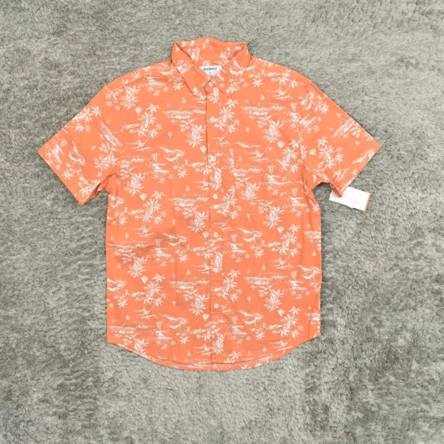 NEW Old Navy Men's M Button Shirt Short Sleeve Floral Orange Hawaiian Floral Cot