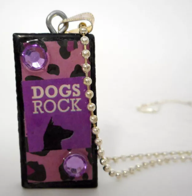 Dogs Rock Collage Domino Necklace Pendant Reclaimed Mixed Media Art Purple