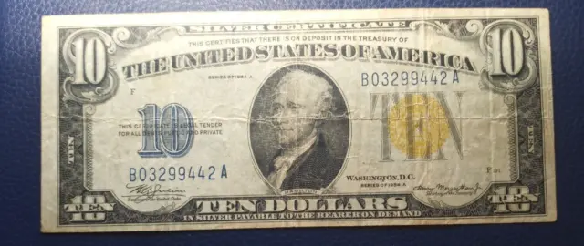 1934 A Ten Dollar Silver Certificate NORTH AFRICA Note $10 Bill Yellow Seal