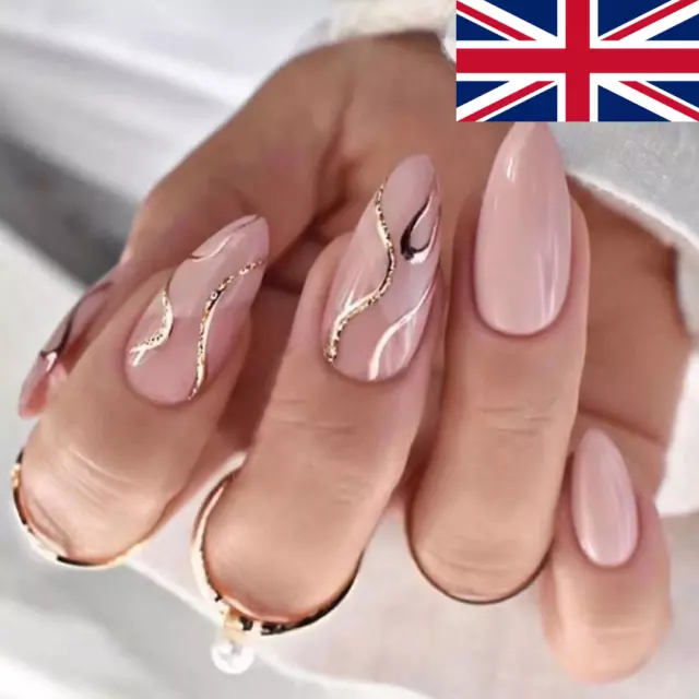 24pcs False Nails with Glue French Tip Almond Press On Artificial Reusable Nails