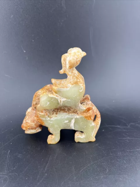 Chinese Natural Hetian Jade Carved Dragon On Beast Statue