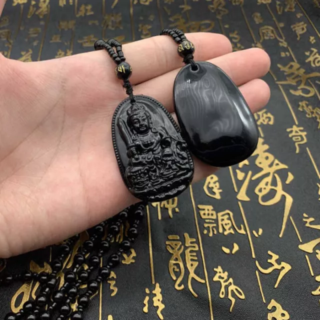 1pc Natural Black Obsidian Carved Buddha Lucky Amulet Pendant Necklace FTA Hu 3