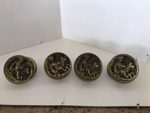 Antique Ornate Cast Brass/Bronze “CHERUBS On RAMS” Set Of 4 Drawer Pulls & Backs