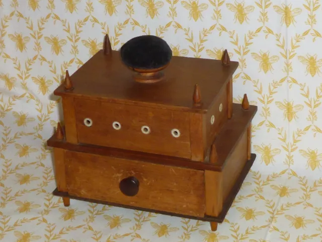 Antique mid 1800s Sewing Box Primitive Folk Art Wood Caddy Pin Cushion