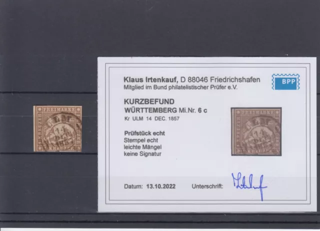 Altd. Württemberg Nr. 6 c gest. gepr. Befund BPP 450,- Mi #504