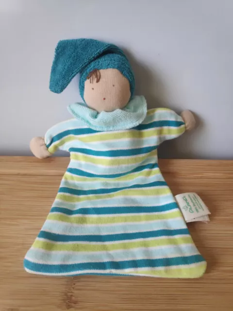 Doudou Poupée lutin bleu vert blanc rayé coton bio ALANA  + cadeau