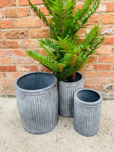 Set Of 3 Galvanised Tub Planters Metal Round Ribbed Dolly Garden Barrel Pot Drum