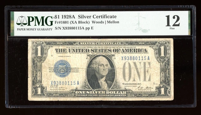 DBR 1928-A $1 Silver Funnyback Fr. 1601 XA Block PMG 12 Serial X93880115A