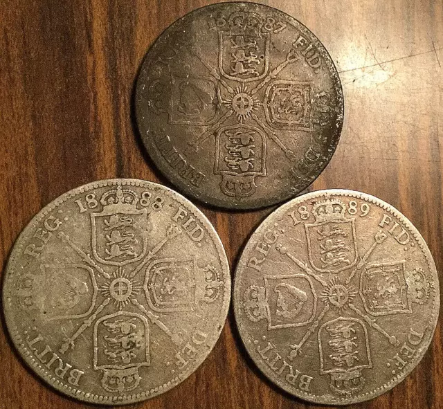 1887 1888 1889 Lot Of 3 Uk Gb Great Britain Silver Florin Two Shillings Coins