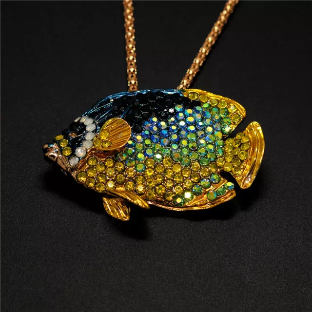 Fashion Women Blue Rhinestone Crystal Cute Tropical Fish Pendant Lady Necklace