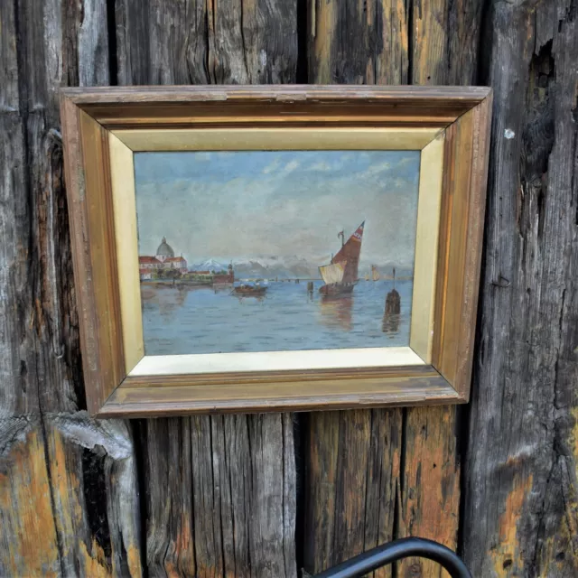 Vintage oil painting fancy gold gesso Wood Frame Redman Robert Sills blue  winter