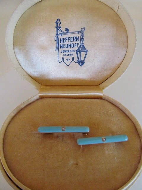Pair VTG Antique 14K Robins Egg Blue Seed Pearl Lingerie Bar Pins Box