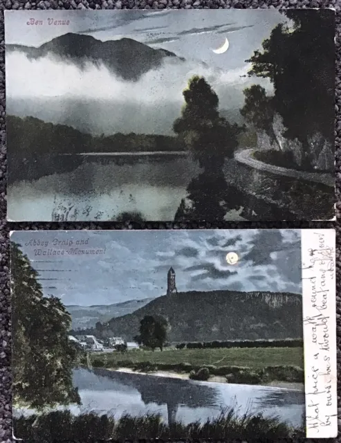 Vintage Valentines Moonlight Postcards - Wallace Monument Ben Venue- Posted 1906
