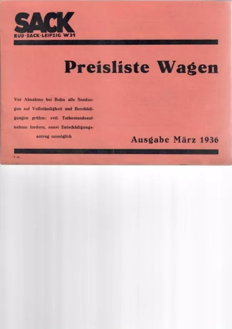 Hist. Schrift: Sack Preisliste Wagen März 1936