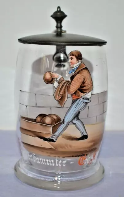 Hand Painted Antique German glass beer stein Bowling pewter lid rare