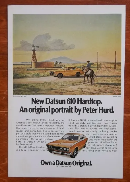 1973 Datsun 610 Hardtop Peter Hurd Western Art Vintage Magazine Car Print AD