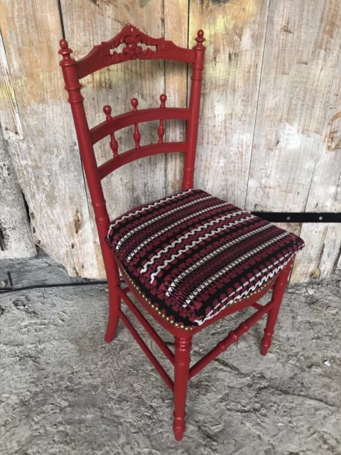 Chaise Chambre Bois Sculpté Rouge & Assise Tissu Rayé Vintage #A323