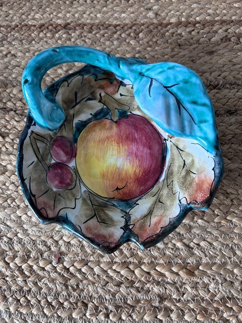 Vtg Art Pottery Italy Majolica Dish Fruit Decorated & Relief Leaf Handle Signed