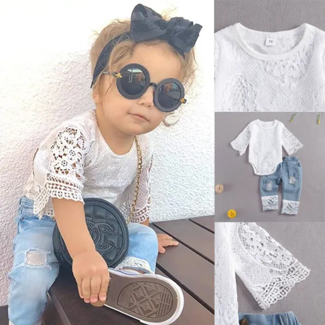 Newborn Infant Baby Girl Romper Clothes Lace Tops Denim Long Pants Jeans Outfits
