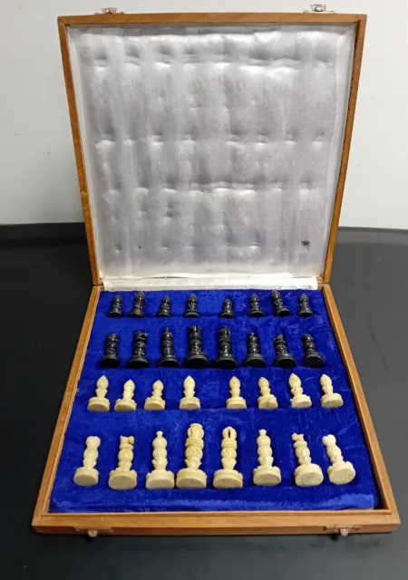 Vintage Handmade Marble Chess Set with Board & Wooden Storage Box