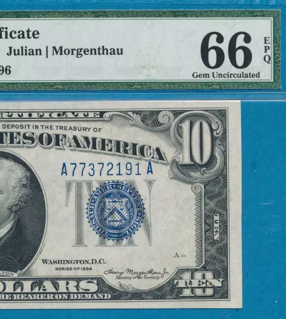 $10. 1934 Mule Blue Seal Silver Certificate Attractive, Pmg Gem New 66Epq