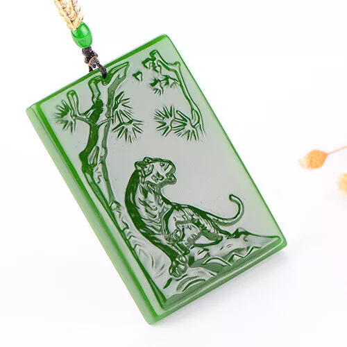 Green Natural Jasper Pendant tiger  jade statue Hand Carving Jewelry Necklace