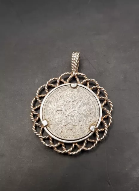 Vintage English Silver Pendant w/ 1959 Sixpence Coin. Good Old British Money 3