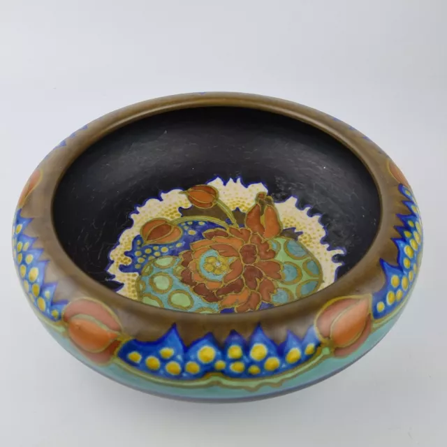 Rare Large Vintage Gouda Holland Pottery Fruit Bowl Decorated With Flowers 26cm
