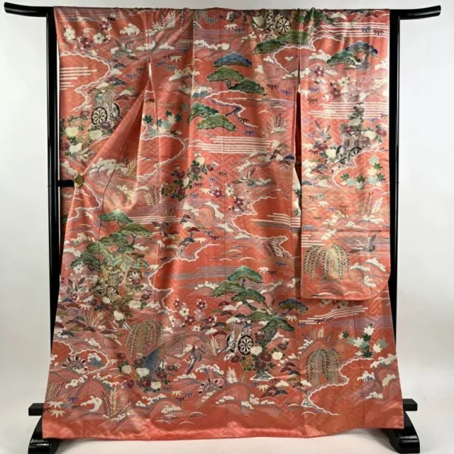 Japanese Kimono Furisode Pure Silk Lined Yamato Goshoguruma Pine Bamboo Plum