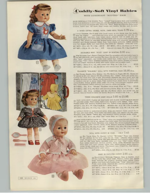 1956 PAPER AD 4 Pg Doll Rooted Hair Pla-mate Horsman Baby Skin Bonnet