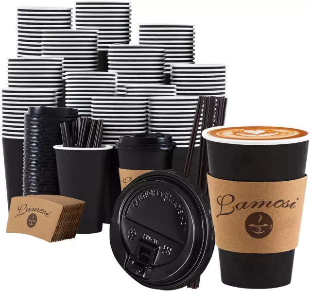 12OZ 60 Pack Coffee Cups, 12 Ounce to Go Cups with Lids, Stir Sticks and Sleeve