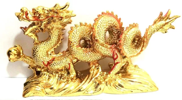 NEW GOLD Chinese Feng Shui Dragon Figurine Statue for Luck & Success #Large