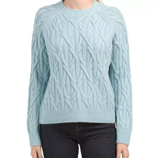 Vince Wool Cashmere Crew Sweater Interlocking Cable Seaside Light Blue S;NWT$445